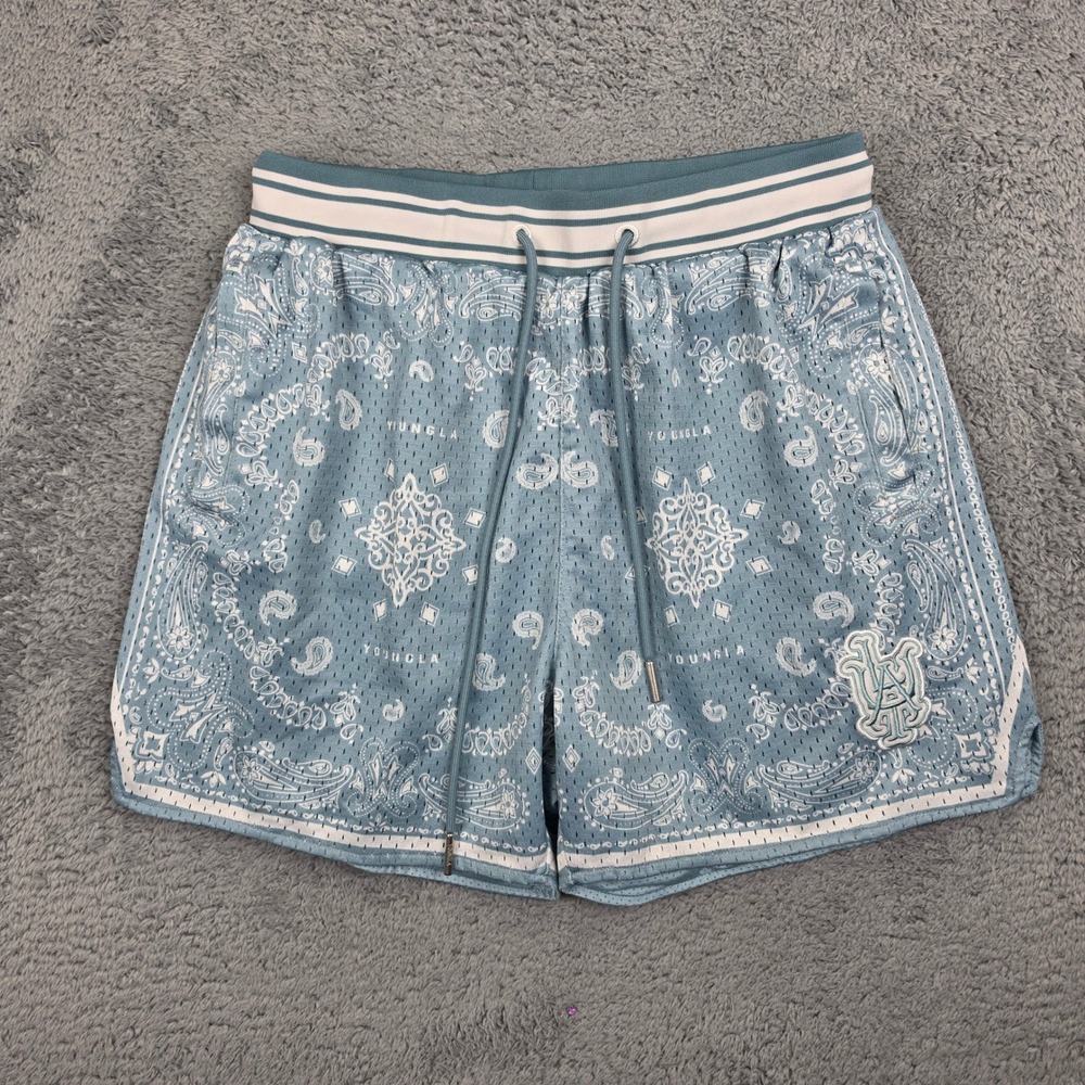 YoungLA Mesh Shorts Men Small Light Blue Paisley Bandana Gym Athletic 3.5 Inseam